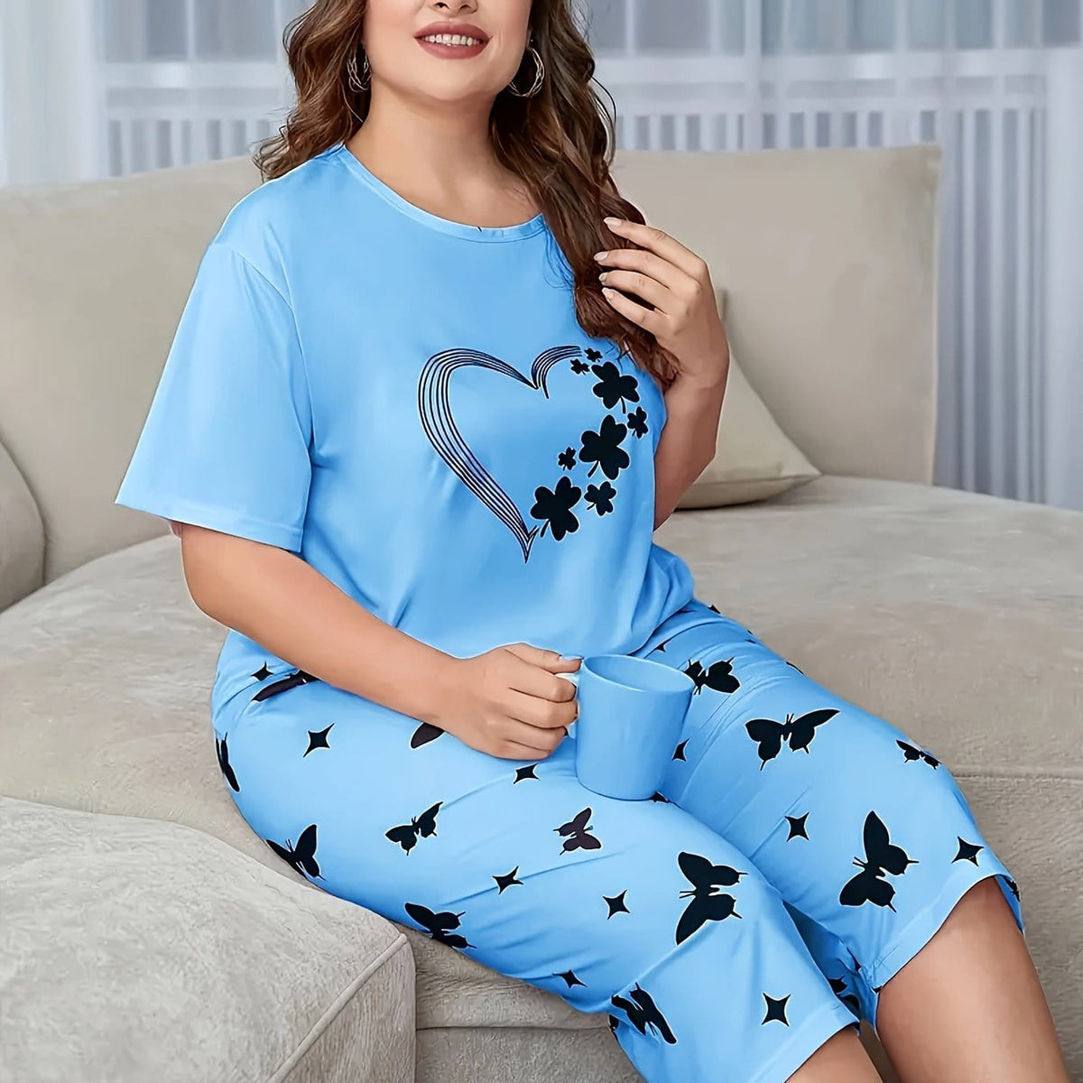 jkthpu-45 Deep Blue / UK 20 2pcs Set of Short-sleeved 7-point Pants Large Size