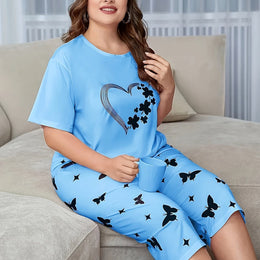 jkthpu-45 Deep Blue / UK 20 2pcs Set of Short-sleeved 7-point Pants Large Size