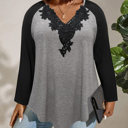 jkthpu-45 Deep Grey / UK 18 Elegant Plus Size Lace Trim Color Block Blouse