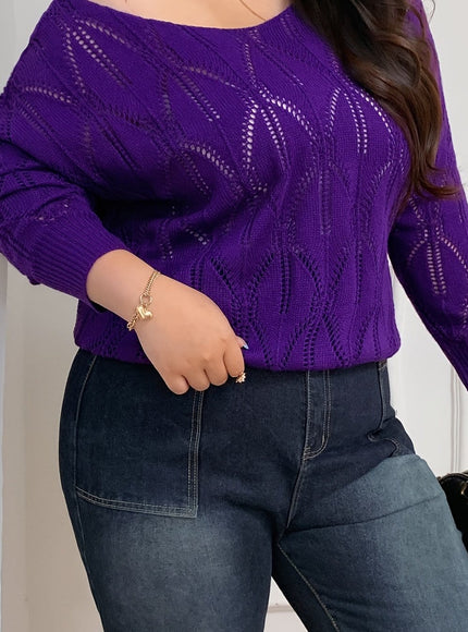 jkthpu-45 Deep Purple / UK 16 Elegant Women's Plus-Size Hollow-Shoulder Pullover - Long Sleeve