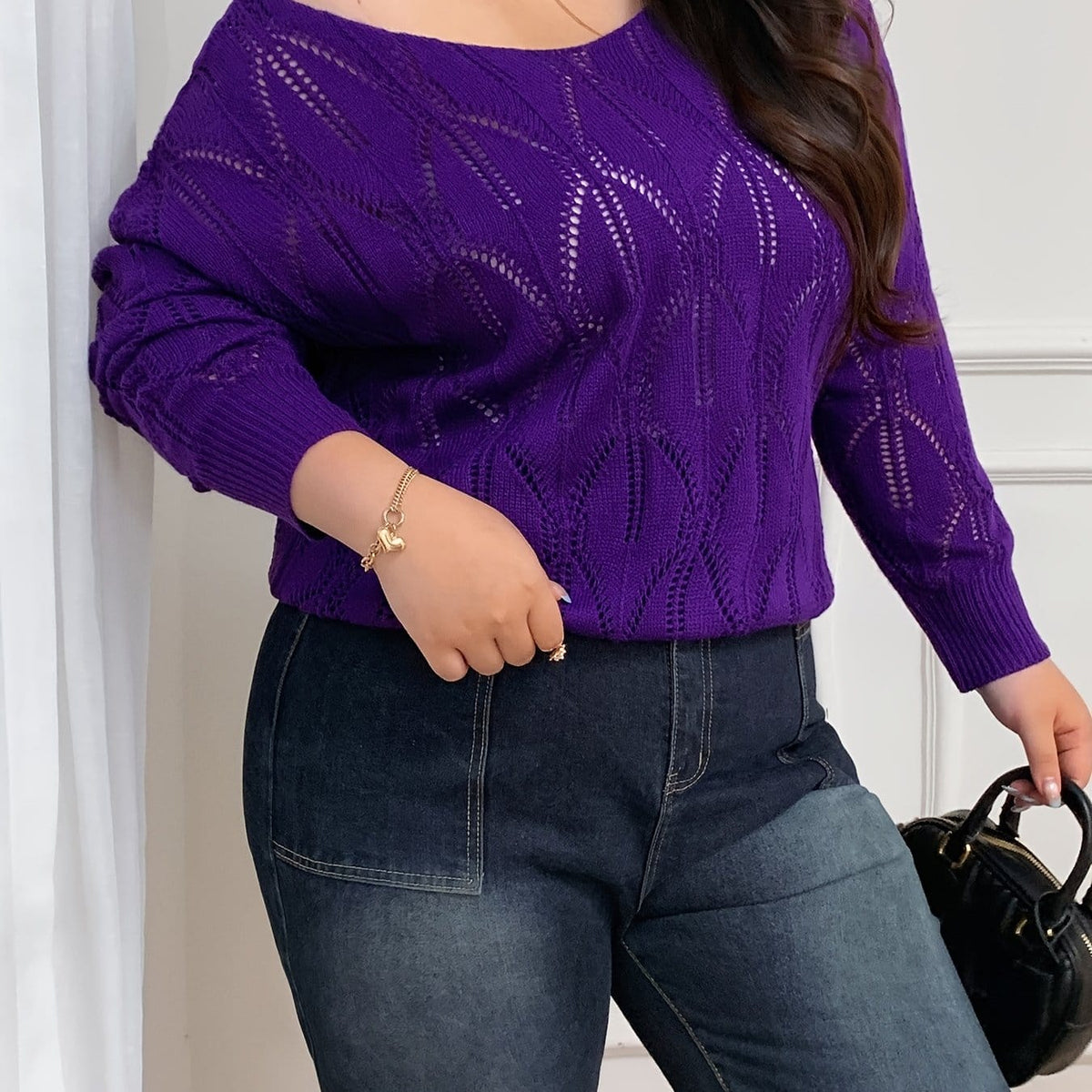 jkthpu-45 Deep Purple / UK 16 Elegant Women's Plus-Size Hollow-Shoulder Pullover - Long Sleeve