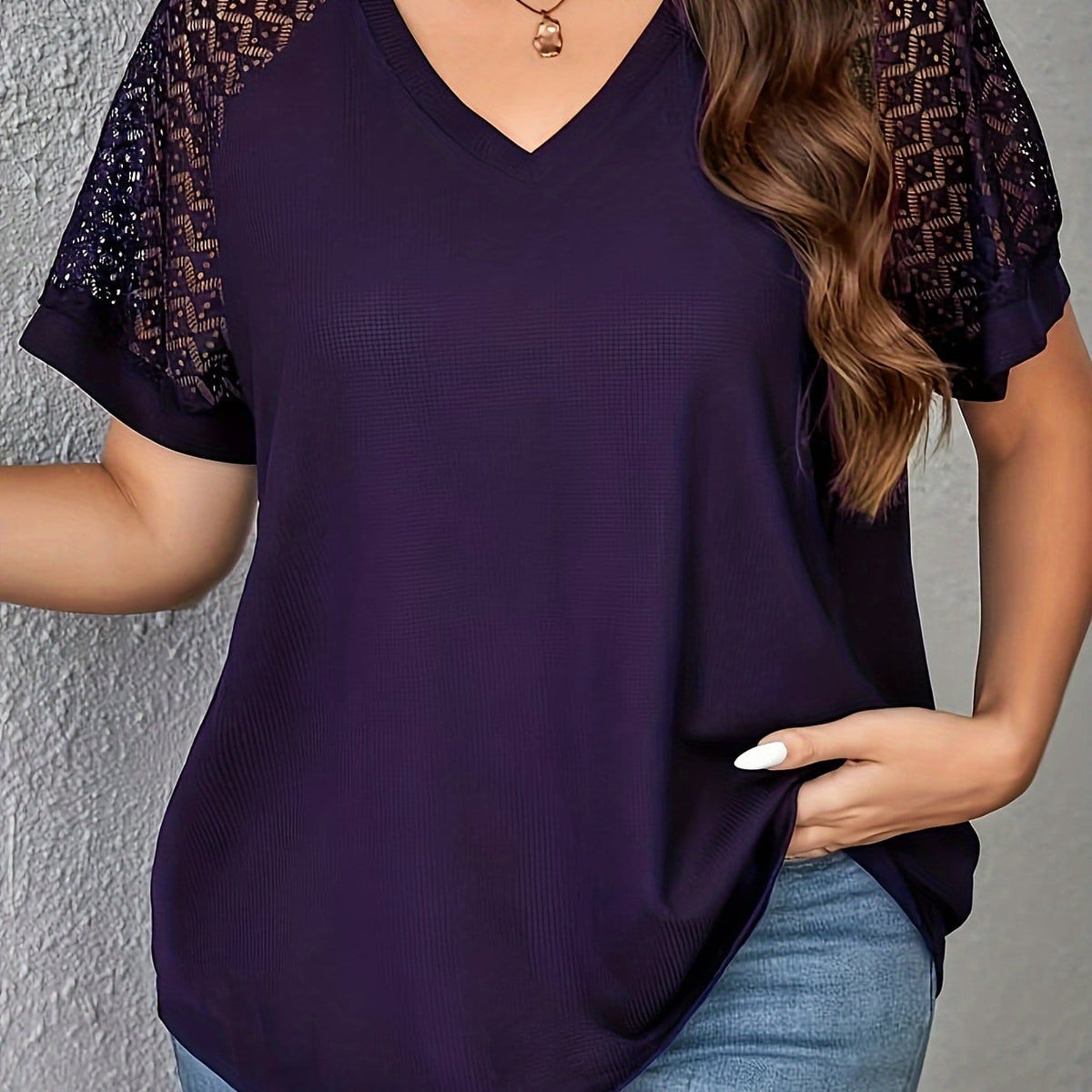KissICON Deep Purple / UK 16 Purple Short Sleeve Elegant V-Neck Women's Plus Size T-Shirt - Contrast Lace Detail, Polyester Knit Fabric, 180gsm - Casual Top for Spring/Summer with Black Text "HANDMADE