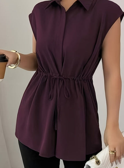 KissICON Deep Purple / UK 18 Plus Size - Plus Size Women'S Sleeveless Blouse - Solid Color Purple with Drawstring Waist, Casual Button-Up Shirt, Non-Stretch Fabric, Perfect for Casual Attire, Casual Attire Blouse | Buttonup Shirt | Nonstretch Fabric