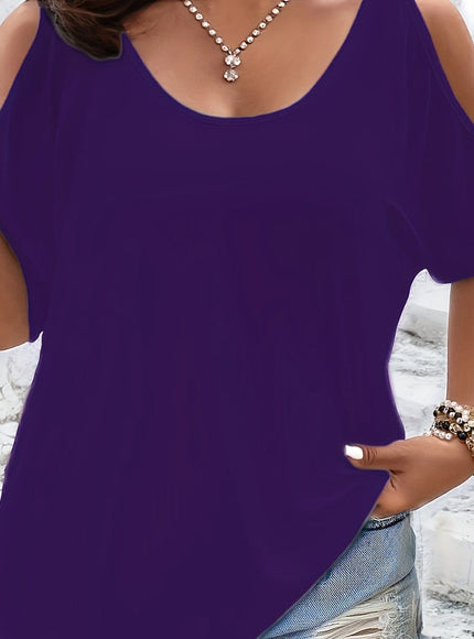 KissICON Deep Purple / UK 18 Plus Size Solid Cold Shoulder Women's Casual Crew Neck Short Sleeve T-Shirt