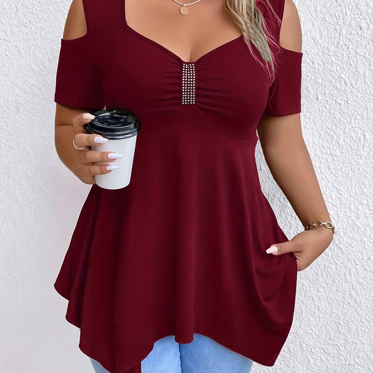jkthpu-45 Deep Red / UK 16 Women's Plus Size Square Neck Rhinestone-Embellished Off-Shoulder Top
