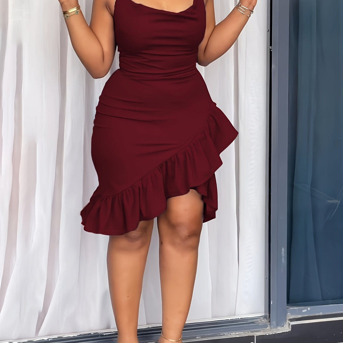 jkthpu-45 Deep Red / UK 8 [Ruffle Hem Bodycon Dress] Elegant Solid Color Women's Spaghetti Strap Bodycon Dress | Ruffle Hem and Back Zipper | Perfect for Vacation and All Seasons, Adult Fashion, Vacation Attire
