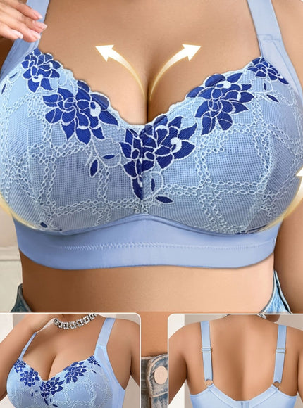 KissICON Deep Sky Blue / EU 110C Elegant Lace-trimmed Wireless Bra – Easy Back Thickened