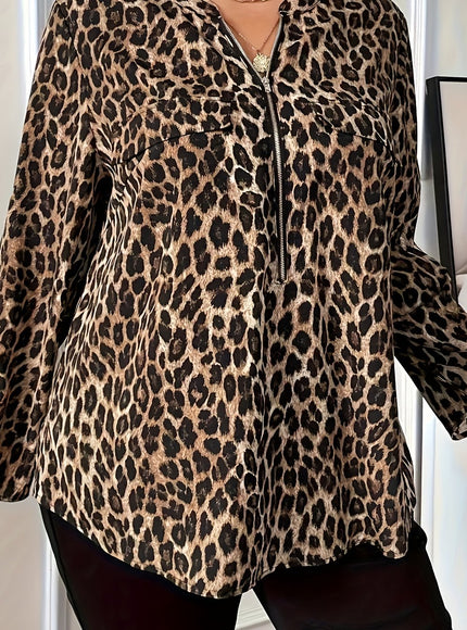 [1pc Plus Size Leopard Print V-Neck Top] Plus Size Leopard Print V-Neck Top, Elegant Polyester Blouse, Non-Stretch Woven Fabric, with Zipper Detail, for Spring/Fall