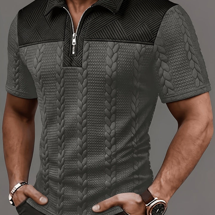 Wheat Texture Lapel Zipper Patch Short Sleeve Polo Shirt