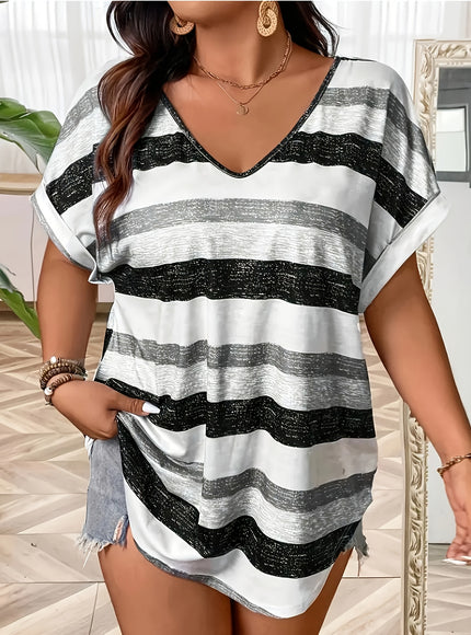Plus Size, Women's Elegant V-Neck T-Shirt - Stretchy Blouse Top in Teal Blue, Orange & Brown Horizontal Stripes - Polyester/Elastane Blend Shirt for Everyday & Formal Outfits - Machine Washable Women's Clothing, Ladies T Shir