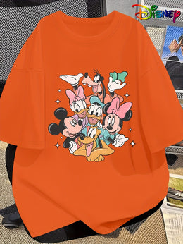 KissICON Disney Official Women's Summer New Arrival Oversized Fashionable Mickey Mouse & Friends Cartoon Print Casual Round Neck T-Shirt, Machine Washable Loose Fit Fun Design Comfort Fabric for Home and Outing Wear