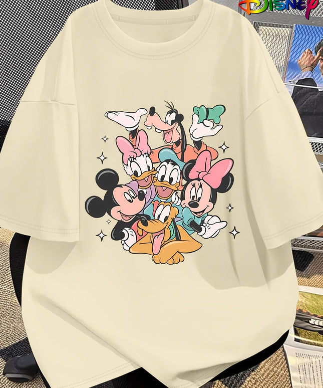 KissICON Disney Official Women's Summer New Arrival Oversized Fashionable Mickey Mouse & Friends Cartoon Print Casual Round Neck T-Shirt, Machine Washable Loose Fit Fun Design Comfort Fabric for Home and Outing Wear