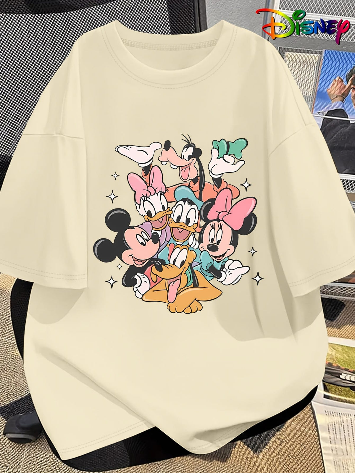 KissICON Disney Official Women's Summer New Arrival Oversized Fashionable Mickey Mouse & Friends Cartoon Print Casual Round Neck T-Shirt, Machine Washable Loose Fit Fun Design Comfort Fabric for Home and Outing Wear