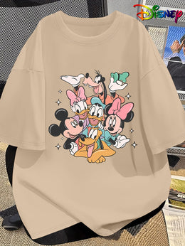 KissICON Disney Official Women's Summer New Arrival Oversized Fashionable Mickey Mouse & Friends Cartoon Print Casual Round Neck T-Shirt, Machine Washable Loose Fit Fun Design Comfort Fabric for Home and Outing Wear