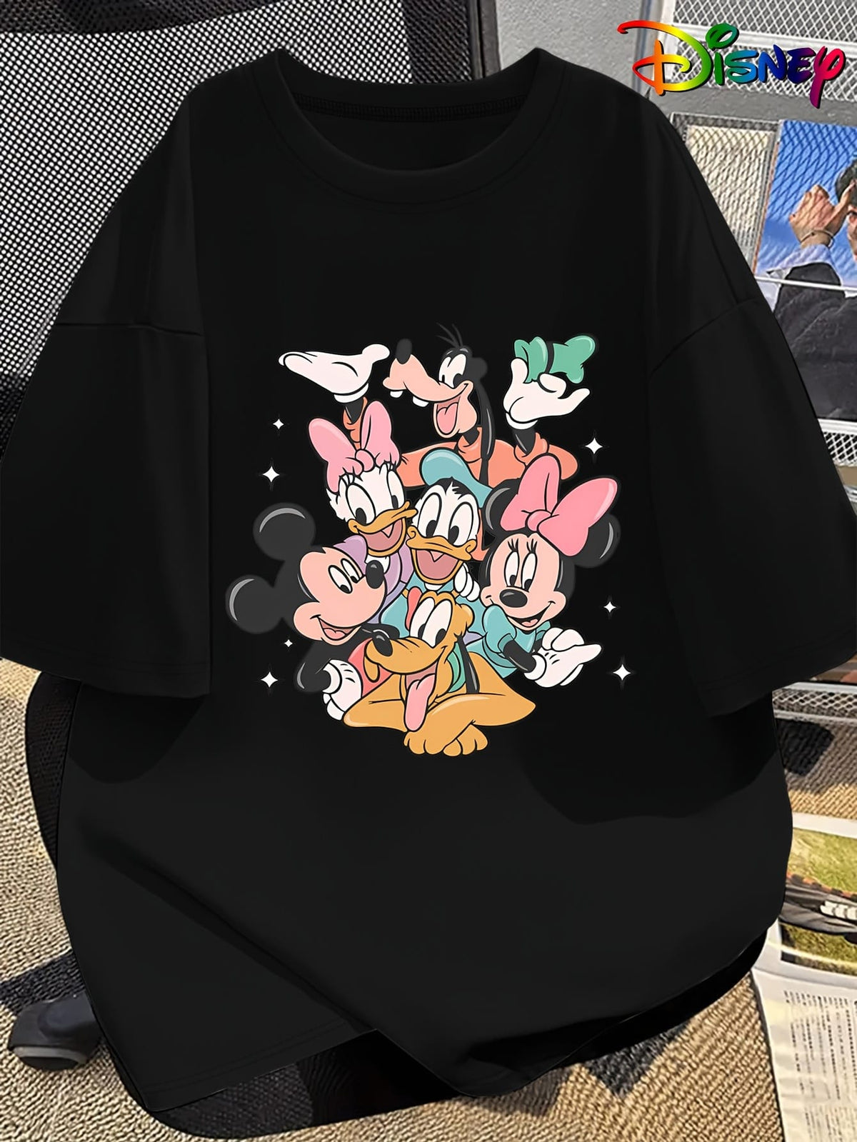 KissICON Disney Official Women's Summer New Arrival Oversized Fashionable Mickey Mouse & Friends Cartoon Print Casual Round Neck T-Shirt, Machine Washable Loose Fit Fun Design Comfort Fabric for Home and Outing Wear