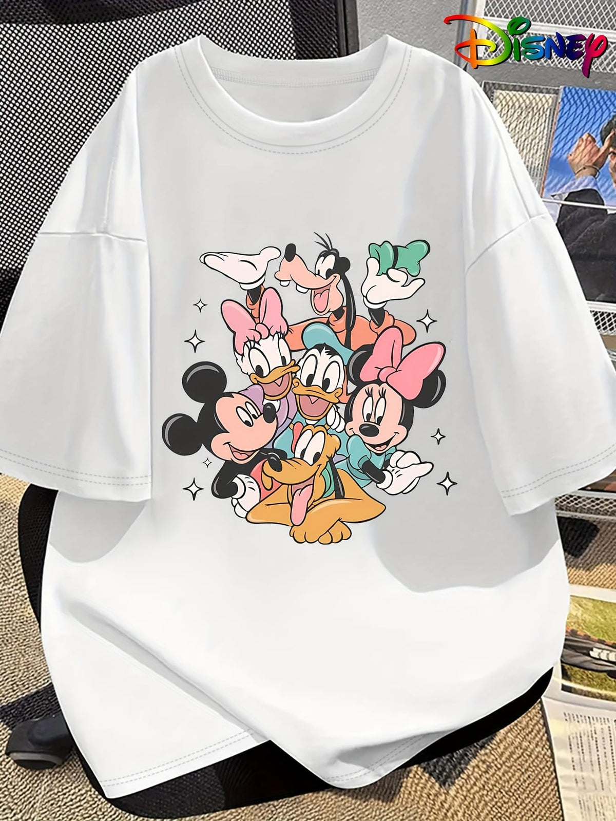 KissICON Disney Official Women's Summer New Arrival Oversized Fashionable Mickey Mouse & Friends Cartoon Print Casual Round Neck T-Shirt, Machine Washable Loose Fit Fun Design Comfort Fabric for Home and Outing Wear