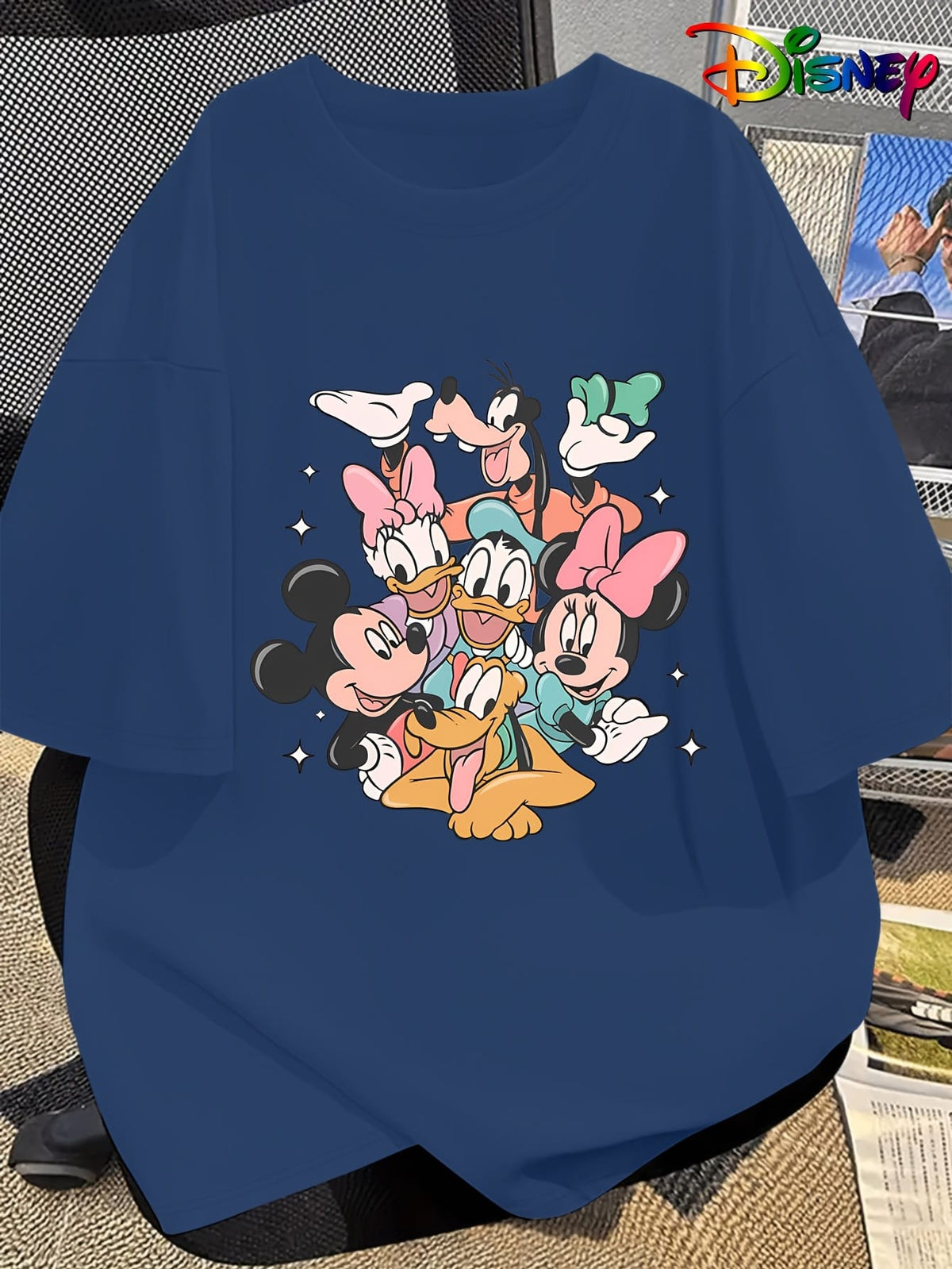 KissICON Disney Official Women's Summer New Arrival Oversized Fashionable Mickey Mouse & Friends Cartoon Print Casual Round Neck T-Shirt, Machine Washable Loose Fit Fun Design Comfort Fabric for Home and Outing Wear