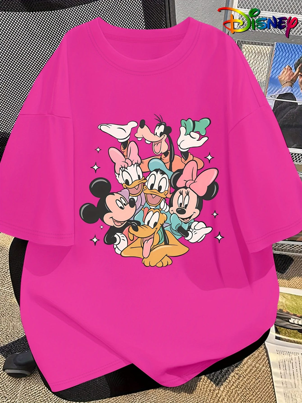 KissICON Disney Official Women's Summer New Arrival Oversized Fashionable Mickey Mouse & Friends Cartoon Print Casual Round Neck T-Shirt, Machine Washable Loose Fit Fun Design Comfort Fabric for Home and Outing Wear