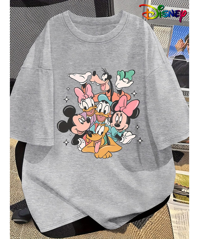 KissICON Disney Official Women's Summer New Arrival Oversized Fashionable Mickey Mouse & Friends Cartoon Print Casual Round Neck T-Shirt, Machine Washable Loose Fit Fun Design Comfort Fabric for Home and Outing Wear