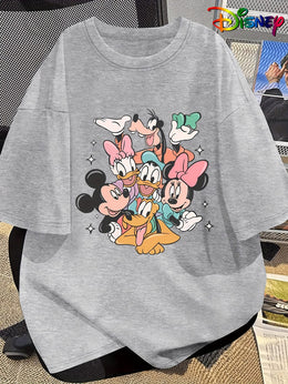 KissICON Disney Official Women's Summer New Arrival Oversized Fashionable Mickey Mouse & Friends Cartoon Print Casual Round Neck T-Shirt, Machine Washable Loose Fit Fun Design Comfort Fabric for Home and Outing Wear