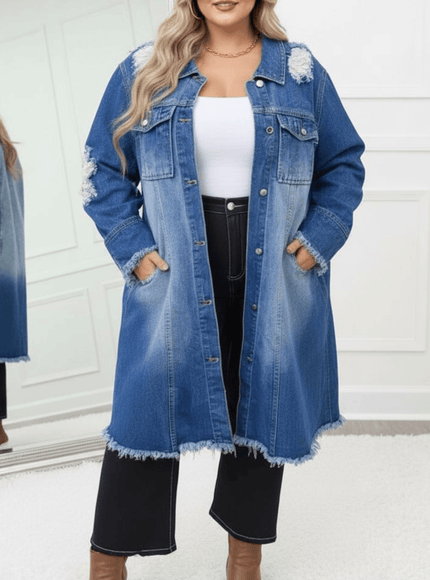 KissICON Distressed Longline Denim Jacket – Plus Size Chic