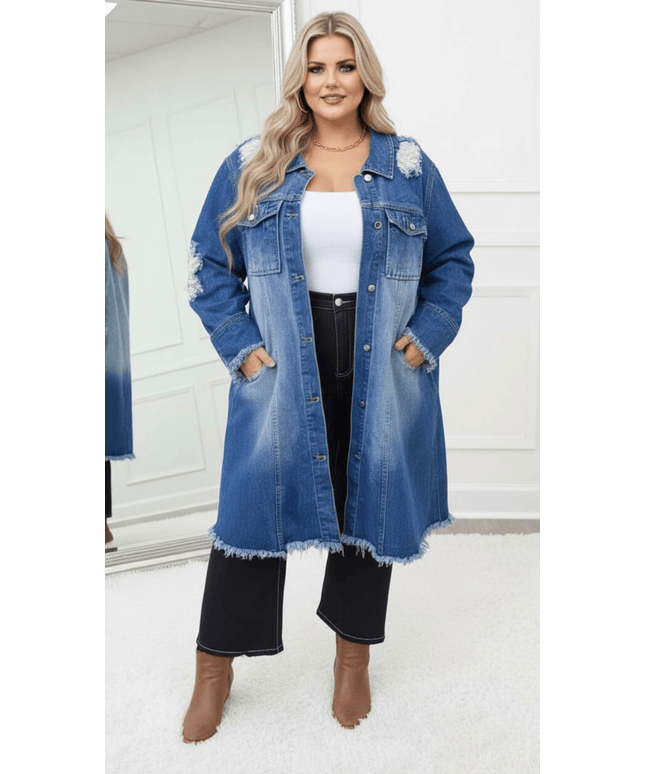 KissICON Distressed Longline Denim Jacket – Plus Size Chic