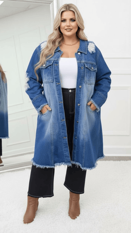 KissICON Distressed Longline Denim Jacket – Plus Size Chic