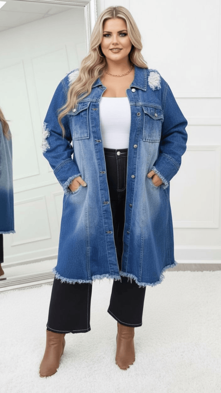 Distressed Longline Denim Jacket – Plus Size Chic