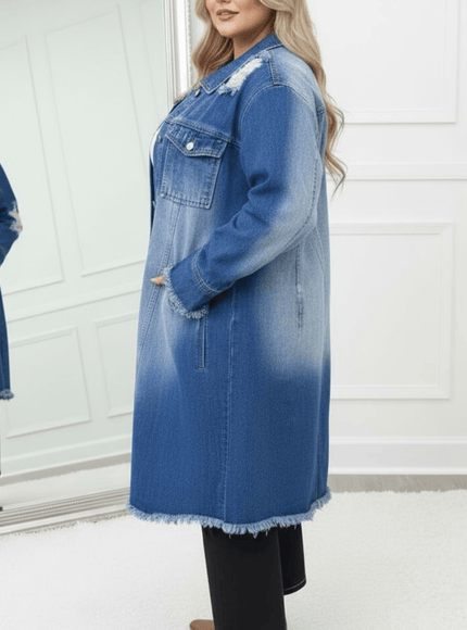 KissICON Distressed Longline Denim Jacket – Plus Size Chic