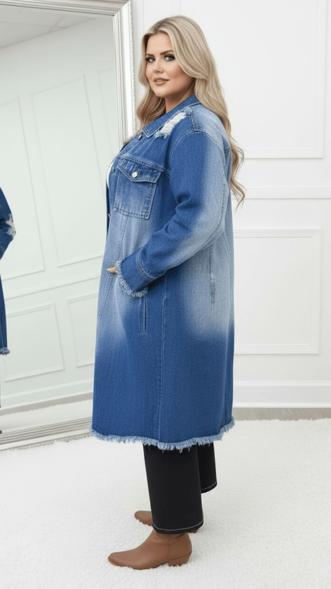 KissICON Distressed Longline Denim Jacket – Plus Size Chic