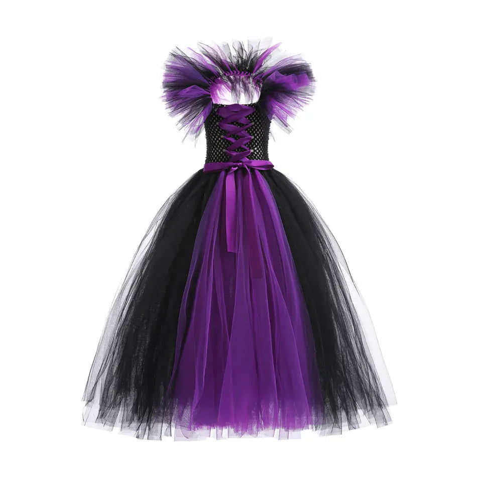 KissICON dress A / 10-12Y Halloween Costume Kids Girls Gothic Witch Black Purple Horror Dress Full Accessories Set Cosplay For Party Trick Or Treat