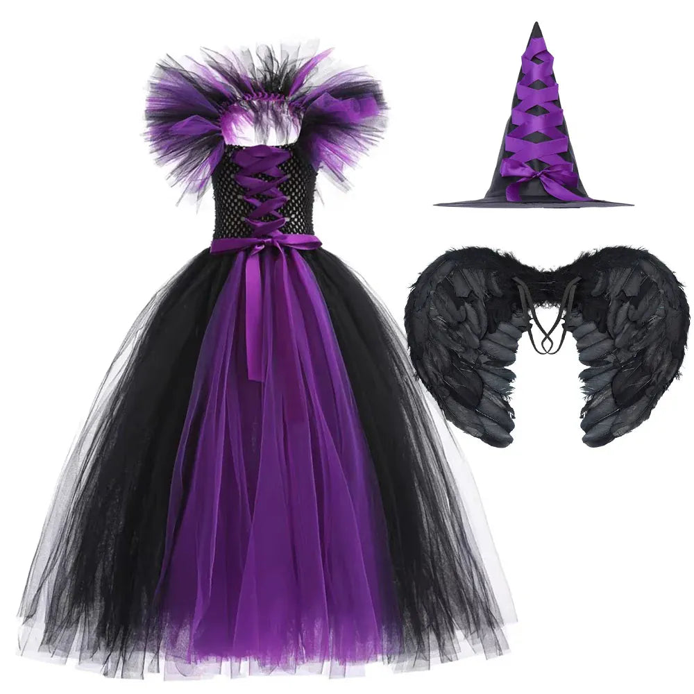 KissICON dress B / 4-5Y Halloween Costume Kids Girls Gothic Witch Black Purple Horror Dress Full Accessories Set Cosplay For Party Trick Or Treat
