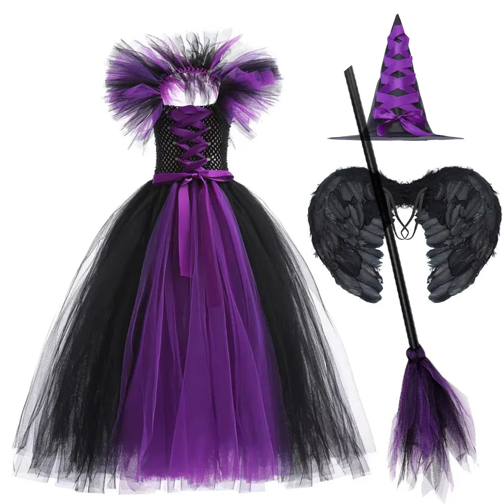 KissICON dress C / 6-7Y Halloween Costume Kids Girls Gothic Witch Black Purple Horror Dress Full Accessories Set Cosplay For Party Trick Or Treat