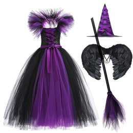 KissICON dress C / 6-7Y Halloween Costume Kids Girls Gothic Witch Black Purple Horror Dress Full Accessories Set Cosplay For Party Trick Or Treat