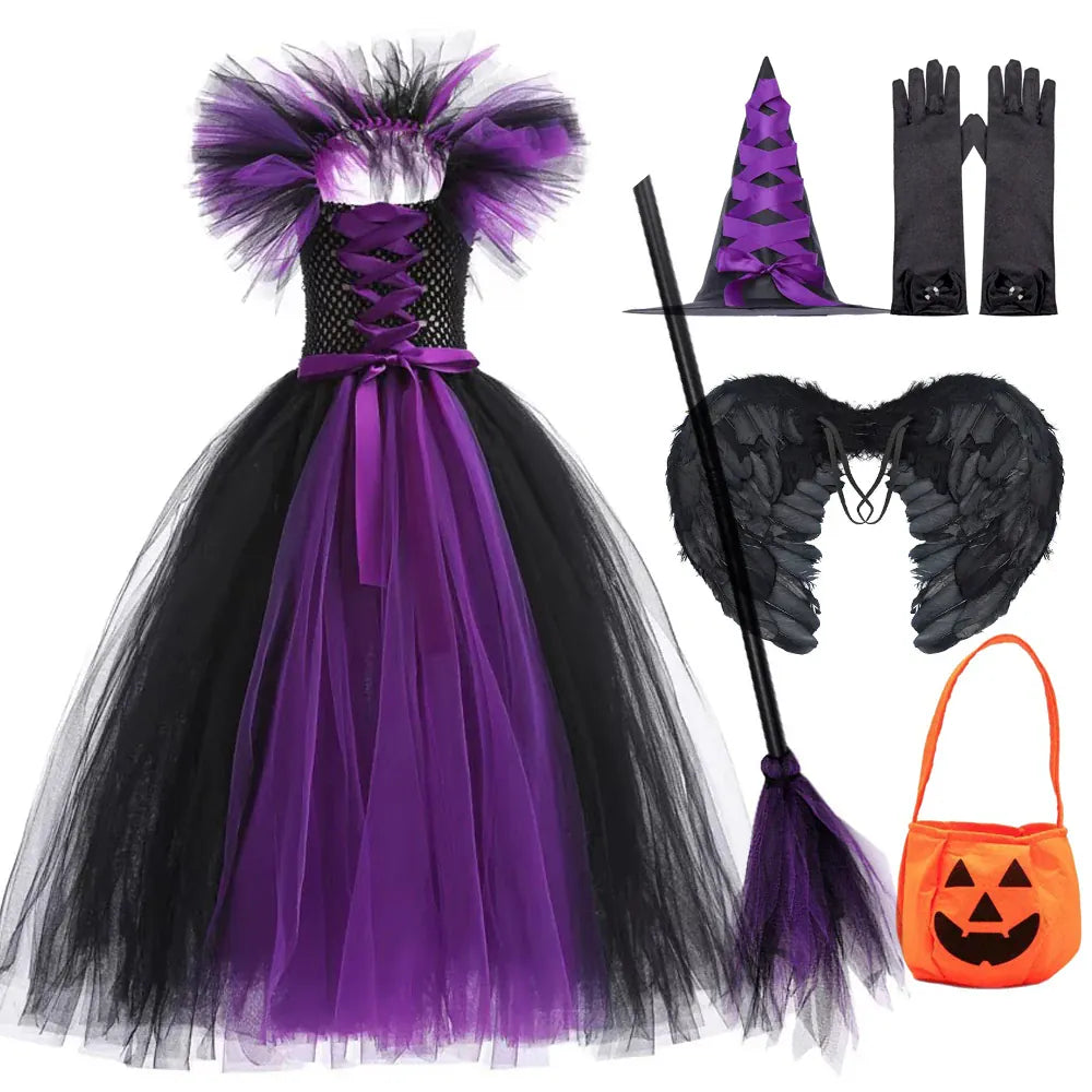 KissICON dress D / 10-12Y Halloween Costume Kids Girls Gothic Witch Black Purple Horror Dress Full Accessories Set Cosplay For Party Trick Or Treat