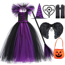 KissICON dress E / 2-3Y Halloween Costume Kids Girls Gothic Witch Black Purple Horror Dress Full Accessories Set Cosplay For Party Trick Or Treat
