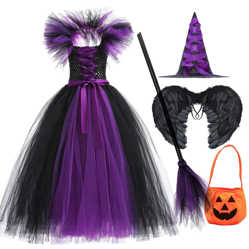 KissICON dress F / 8-9Y Halloween Costume Kids Girls Gothic Witch Black Purple Horror Dress Full Accessories Set Cosplay For Party Trick Or Treat