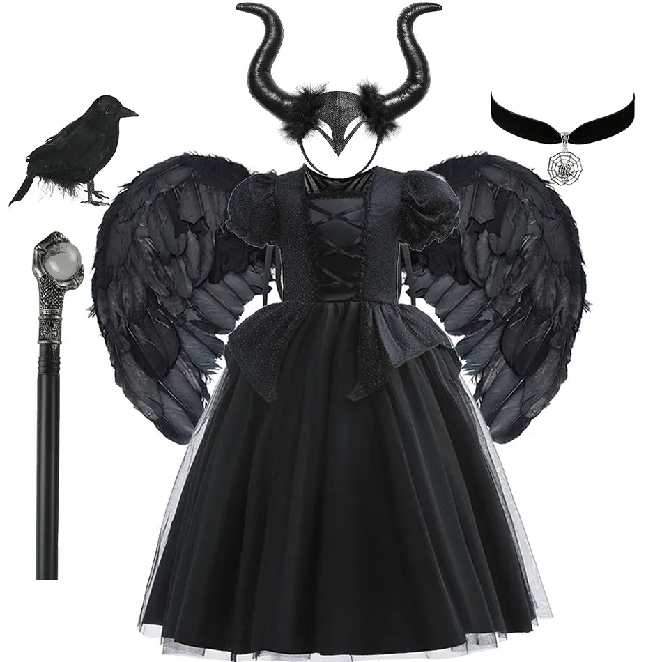 KissICON Dress Sets 02 / 7-8T Tag-140 Halloween Costume For Kids Black Witch Dress Luxury Lace Sequin Evil Role Playing Costume Maleficent Dress Up Outfit Ghost Bride