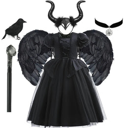KissICON Dress Sets 02 / 7-8T Tag-140 Halloween Costume For Kids Black Witch Dress Luxury Lace Sequin Evil Role Playing Costume Maleficent Dress Up Outfit Ghost Bride