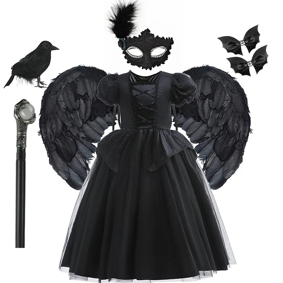 KissICON Dress Sets 03 / 7-8T Tag-140 Halloween Costume For Kids Black Witch Dress Luxury Lace Sequin Evil Role Playing Costume Maleficent Dress Up Outfit Ghost Bride