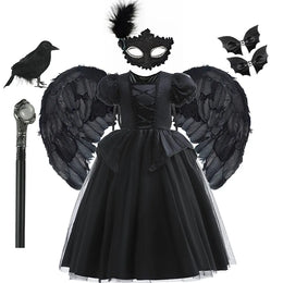 KissICON Dress Sets 03 / 7-8T Tag-140 Halloween Costume For Kids Black Witch Dress Luxury Lace Sequin Evil Role Playing Costume Maleficent Dress Up Outfit Ghost Bride