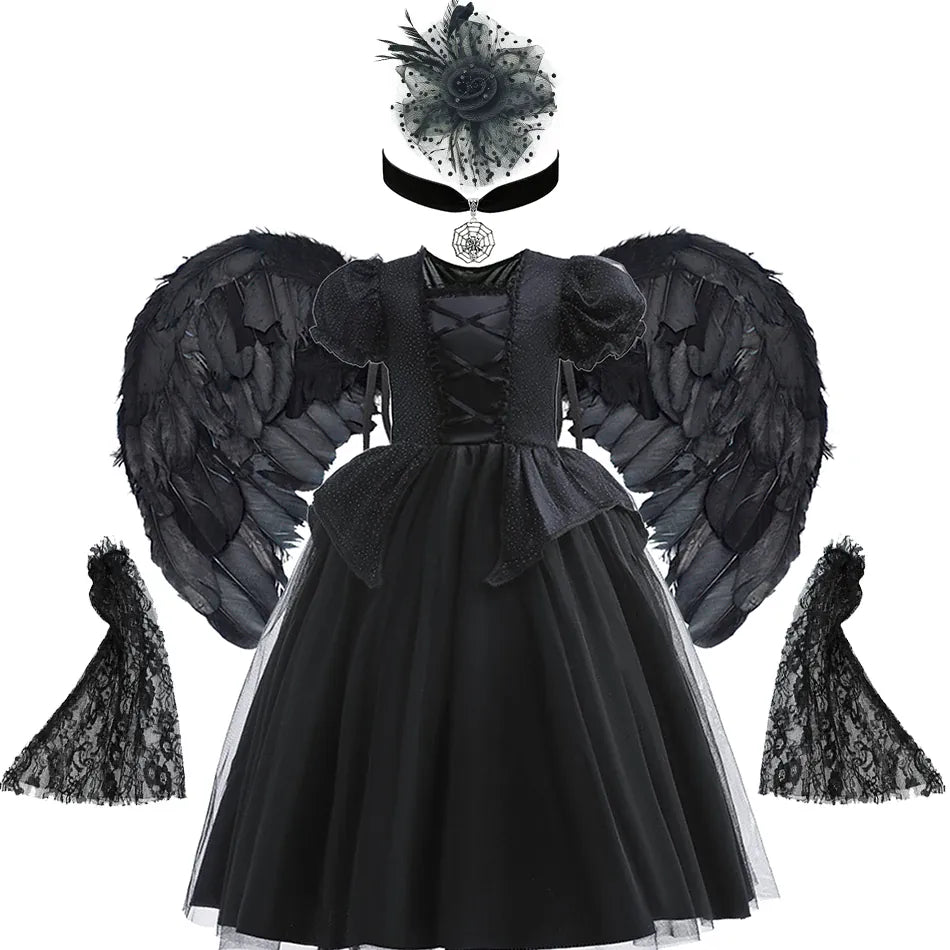 KissICON Dress Sets 04 / 7-8T Tag-140 Halloween Costume For Kids Black Witch Dress Luxury Lace Sequin Evil Role Playing Costume Maleficent Dress Up Outfit Ghost Bride