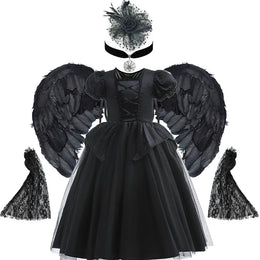 KissICON Dress Sets 04 / 7-8T Tag-140 Halloween Costume For Kids Black Witch Dress Luxury Lace Sequin Evil Role Playing Costume Maleficent Dress Up Outfit Ghost Bride