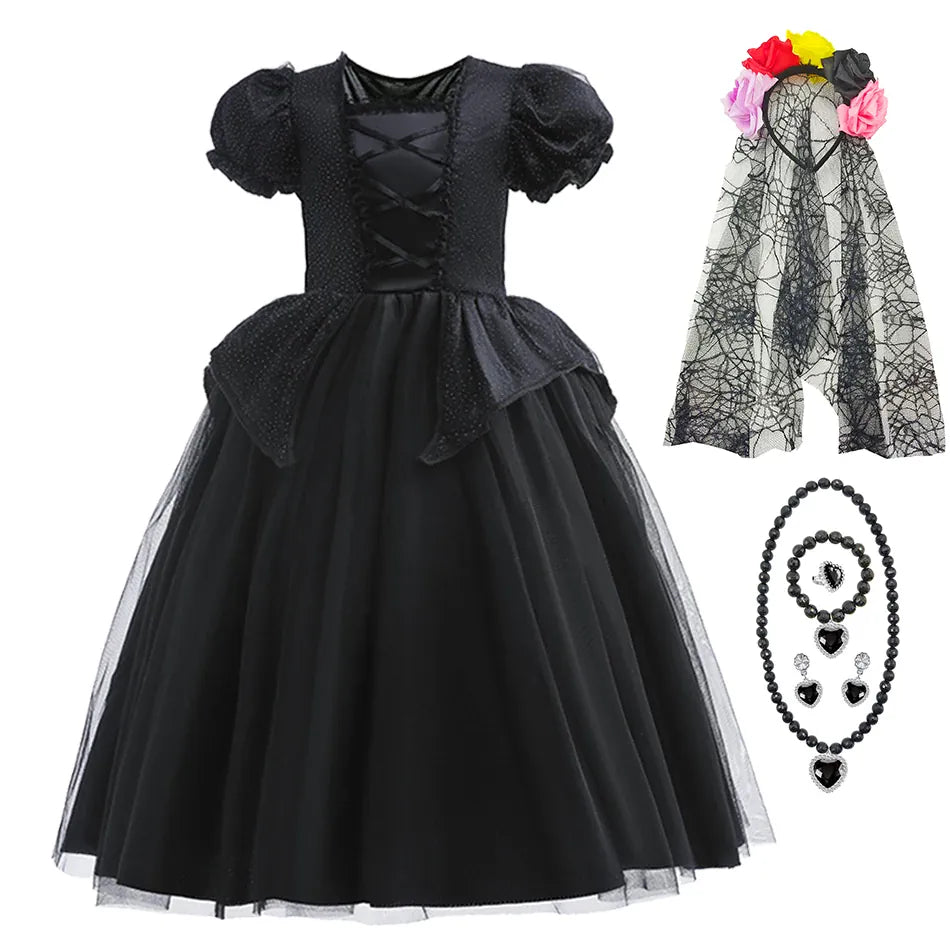 KissICON Dress Sets 07 / 7-8T Tag-140 Halloween Costume For Kids Black Witch Dress Luxury Lace Sequin Evil Role Playing Costume Maleficent Dress Up Outfit Ghost Bride