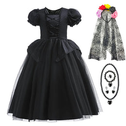 KissICON Dress Sets 07 / 7-8T Tag-140 Halloween Costume For Kids Black Witch Dress Luxury Lace Sequin Evil Role Playing Costume Maleficent Dress Up Outfit Ghost Bride