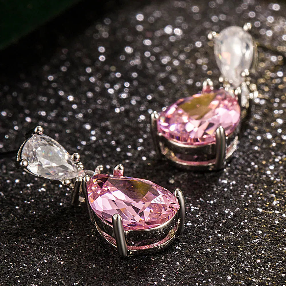 KissICON Drop Earrings Women Engagement Party Exquisite Ear Accessories Fashion Jewelry Temperament Sweet Pink Pear Cubic Zirconia