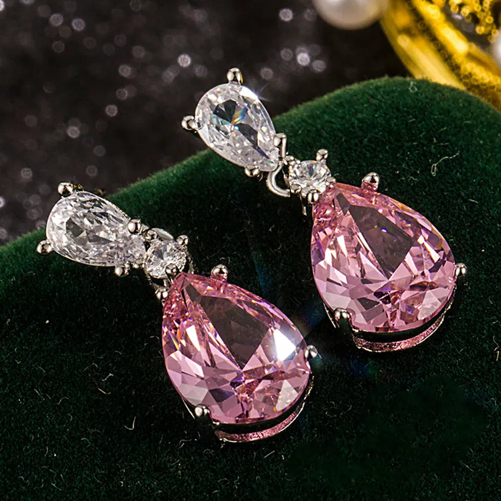 KissICON Drop Earrings Women Engagement Party Exquisite Ear Accessories Fashion Jewelry Temperament Sweet Pink Pear Cubic Zirconia