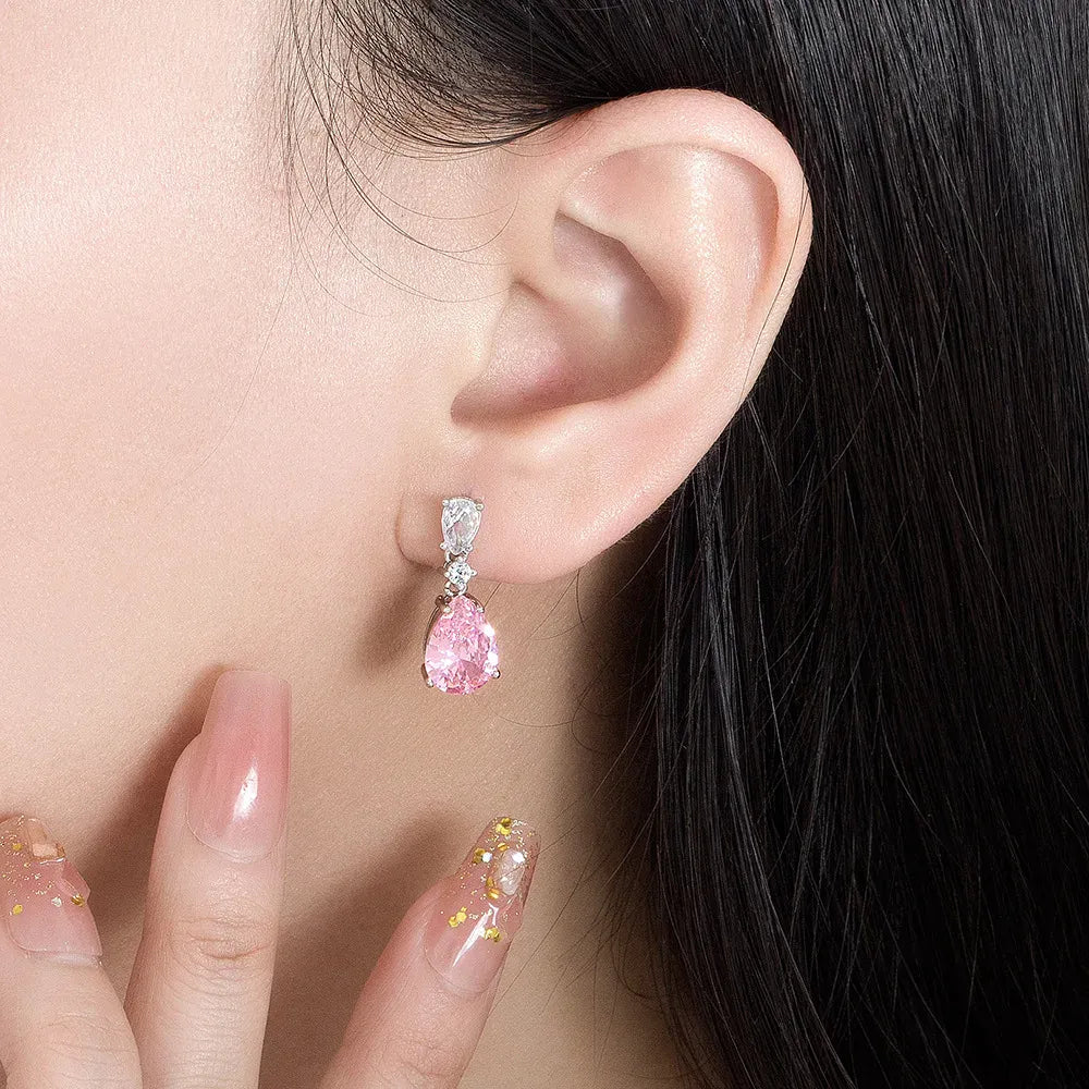 KissICON Drop Earrings Women Engagement Party Exquisite Ear Accessories Fashion Jewelry Temperament Sweet Pink Pear Cubic Zirconia