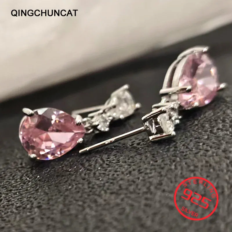 KissICON Drop Earrings Women Engagement Party Exquisite Ear Accessories Fashion Jewelry Temperament Sweet Pink Pear Cubic Zirconia