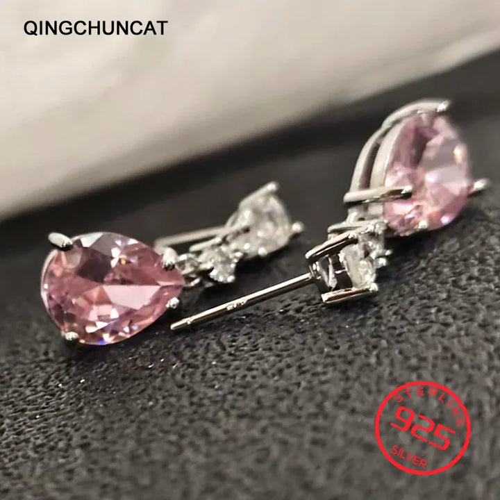Drop Earrings Women Engagement Party Exquisite Ear Accessories Fashion Jewelry Temperament Sweet Pink Pear Cubic Zirconia
